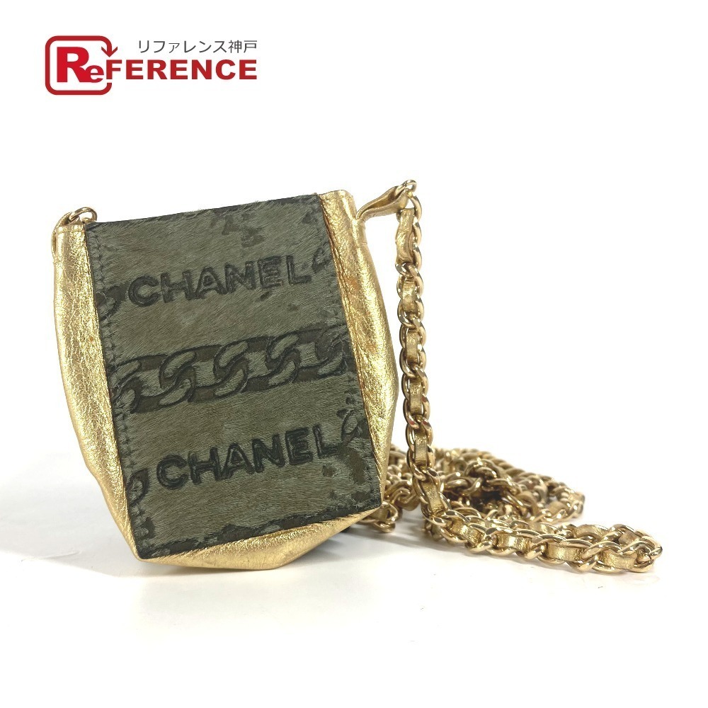 Chanel bag pochette logo chain shoulder leather pigtails khaki